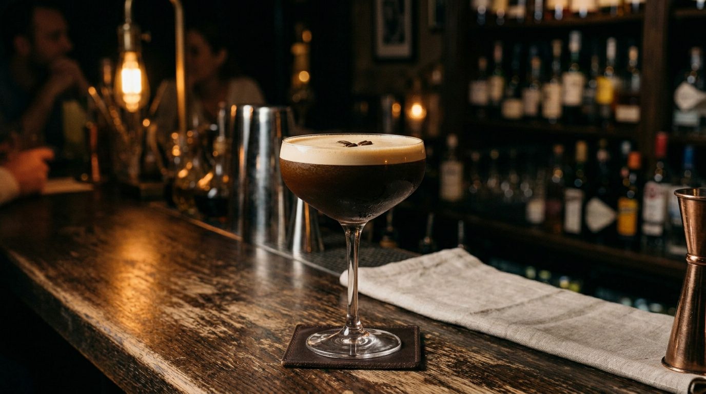 espresso martini cocktail in a coupe glass topped with coffee beans
