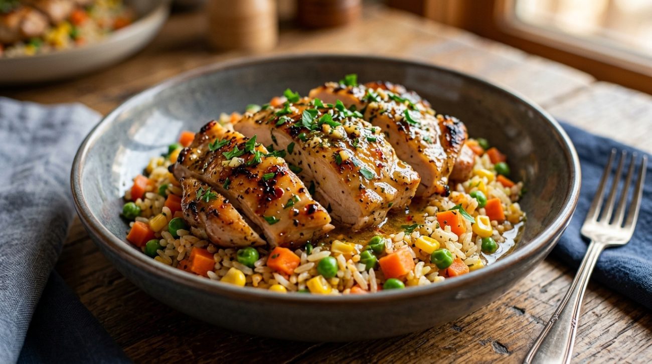 Epic garlic butter chicken with veggie medley rice served in a bowl with mixed vegetables