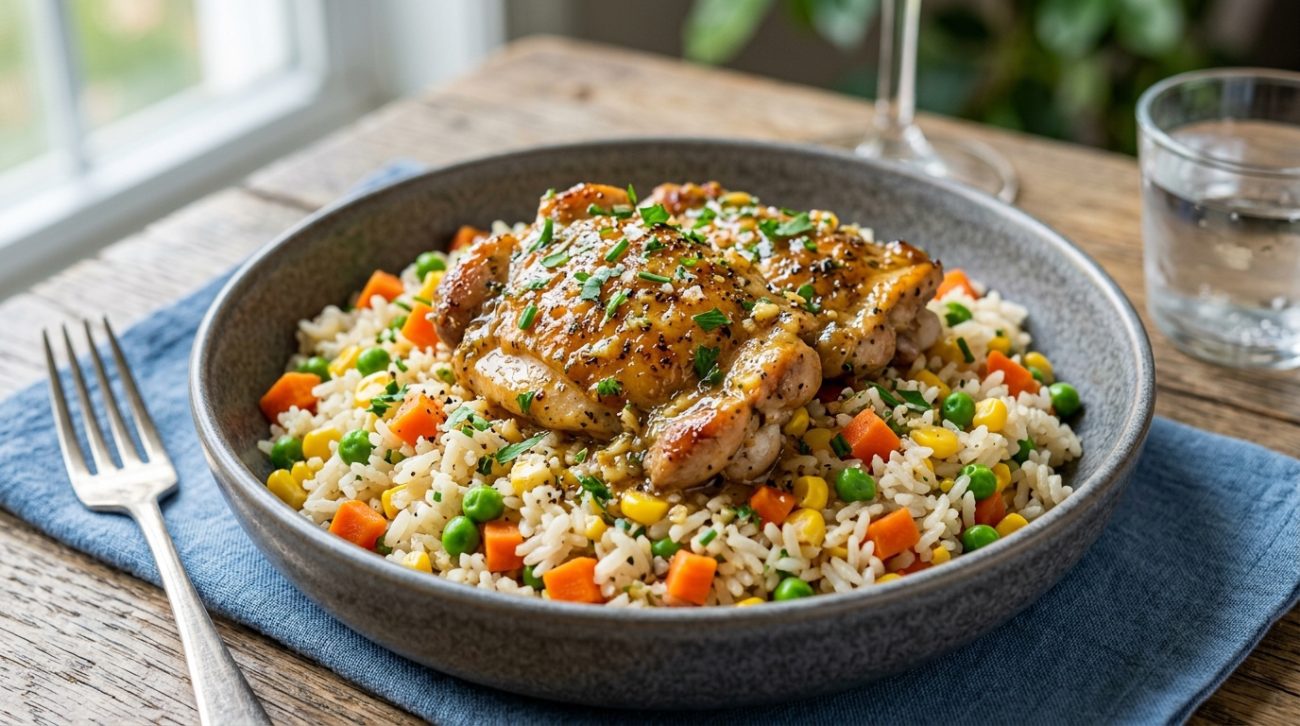 Epic garlic butter chicken with veggie medley rice in a bowl with colorful vegetables