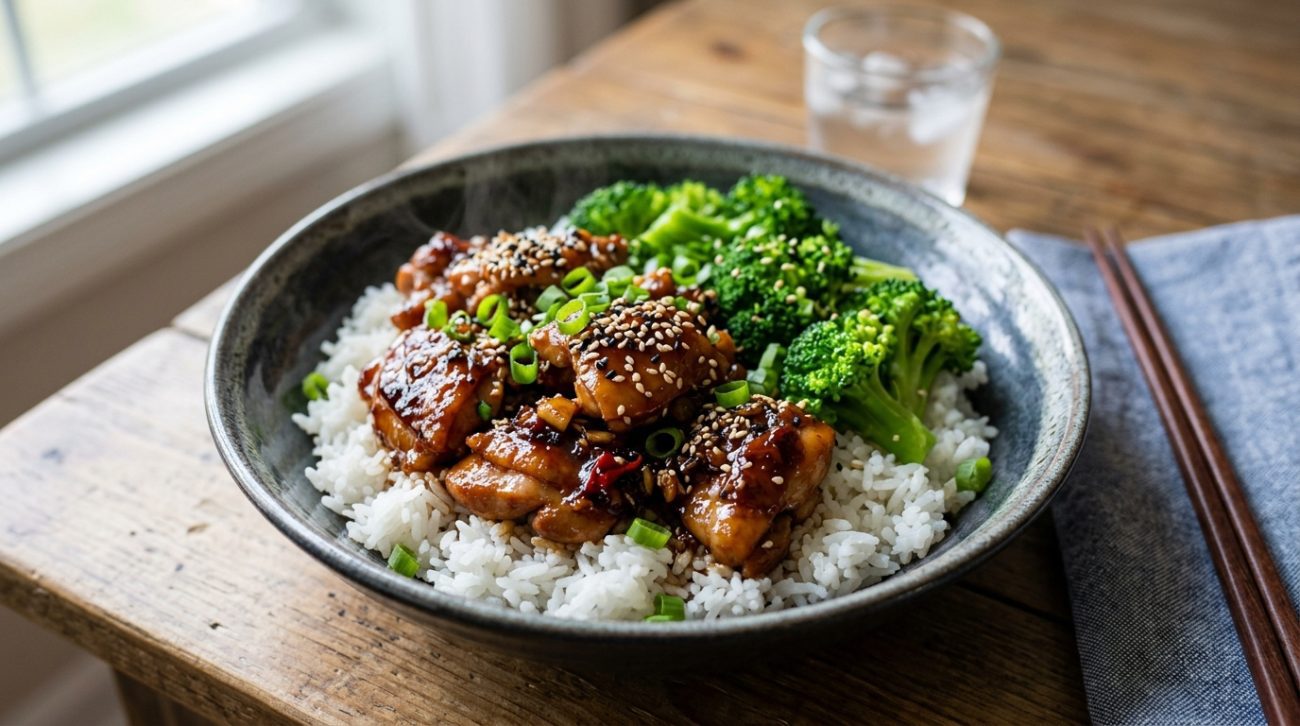 Sticky garlic chicken bowl with fluffy rice and steamed broccoli topped with sesame seeds
