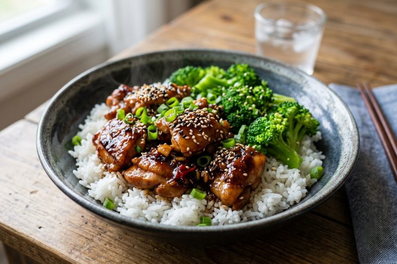 Sticky Garlic Chicken Bowl with Fluffy Rice & Steamed Broccoli (Easy Healthy Dinner)