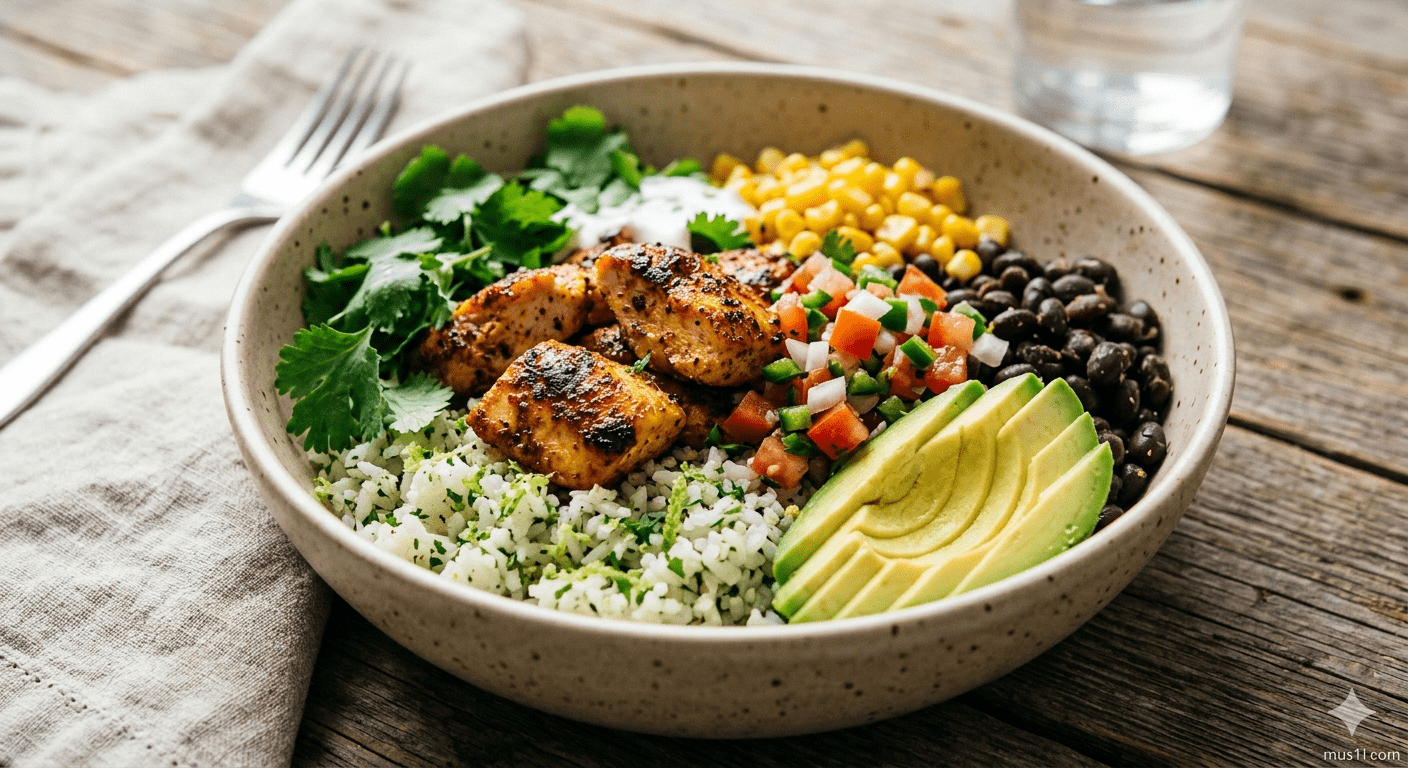 High protein chicken burrito bowl recipe with seasoned chicken, rice, black beans, avocado and fresh toppings — easy 30 minute meal