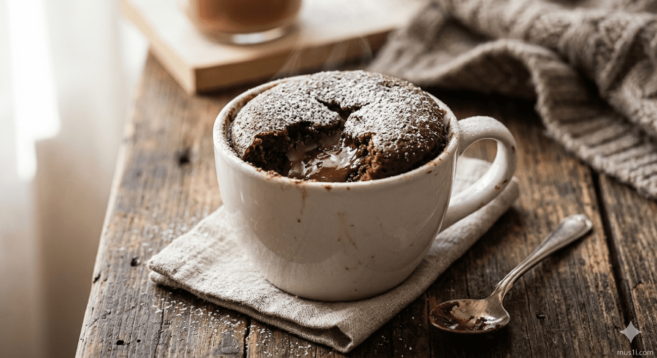 3 ingredient Nutella mug cake in a white mug with rich chocolate center — ready in 2 minutes, no oven needed