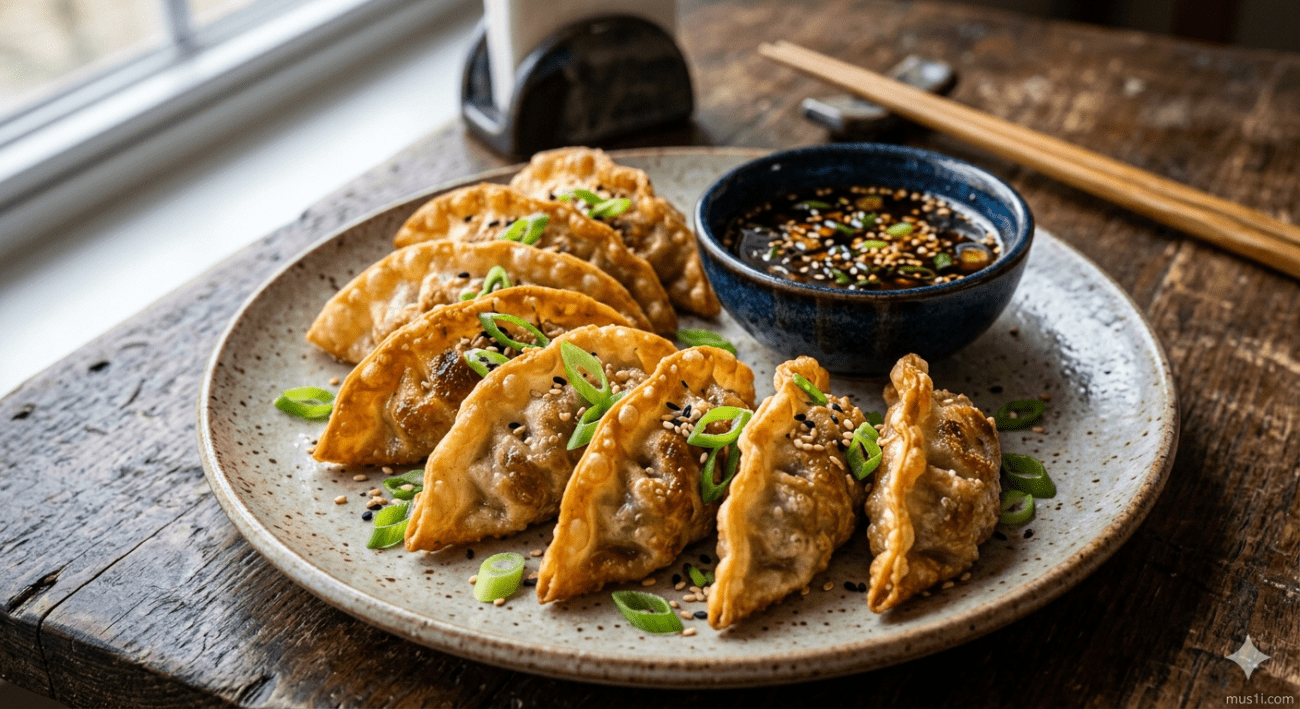 Crispy air fryer dumplings with dipping sauce on a plate — quick 15 minute appetizer
