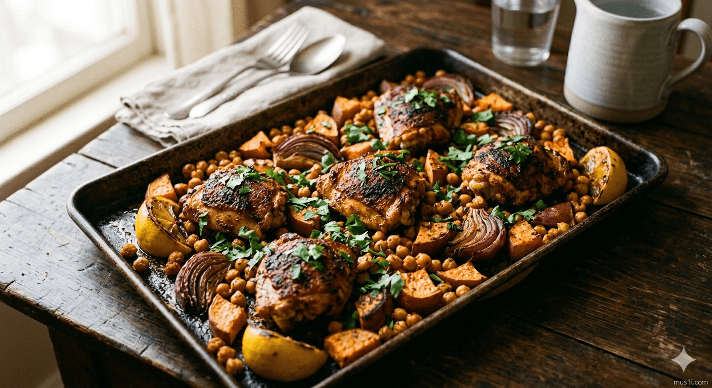 Sheet pan harissa chicken with roasted sweet potatoes, chickpeas and red onion — easy one pan dinner ready in 35 minutes