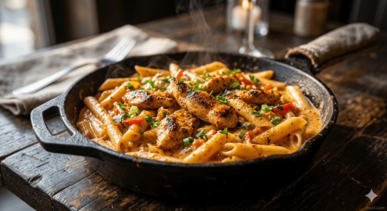 Creamy Cajun pasta recipe in a cast iron skillet with chicken, bell peppers and cream sauce — one pot 20 minute dinner
