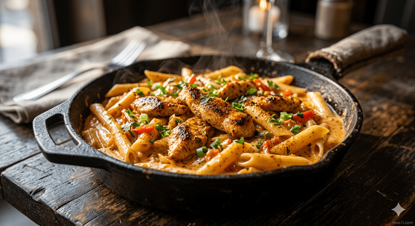 Creamy Cajun pasta recipe in a cast iron skillet with chicken, bell peppers and cream sauce — one pot 20 minute dinner