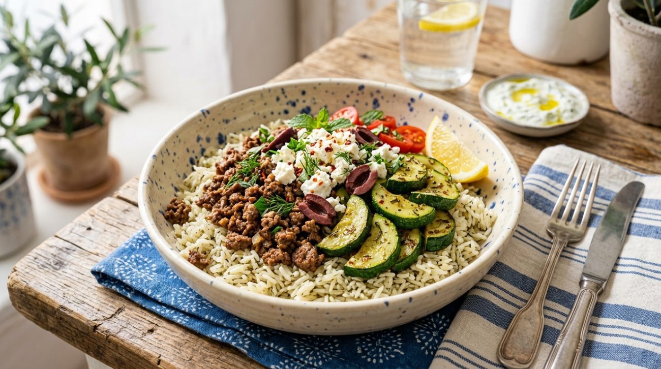 Greek style beef and zucchini rice bowl with feta cheese, olives, and fresh herbs
