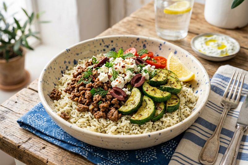 Greek Style Beef and Zucchini Rice Bowl (Healthy Mediterranean Dinner)