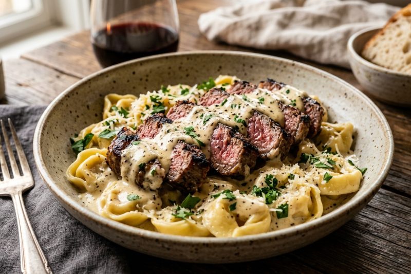 Grilled Steak Tortellini with Cheesy Garlic Drip – Easy Creamy Dinner