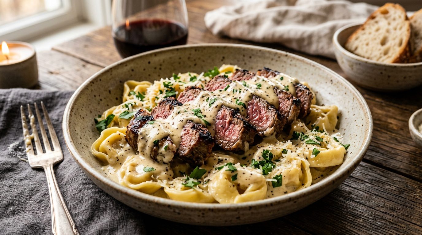 grilled steak tortellini with cheesy garlic drip in a bowl