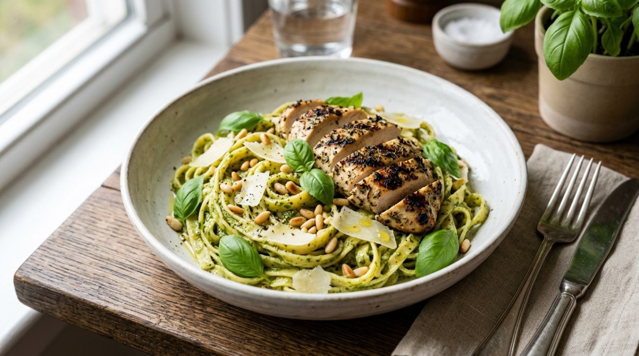 Master this loaded herb grilled chicken and creamy pesto pasta recipe. A 20-minute, flavor-packed dinner featuring juicy marinated chicken and silky basil pesto sauce.