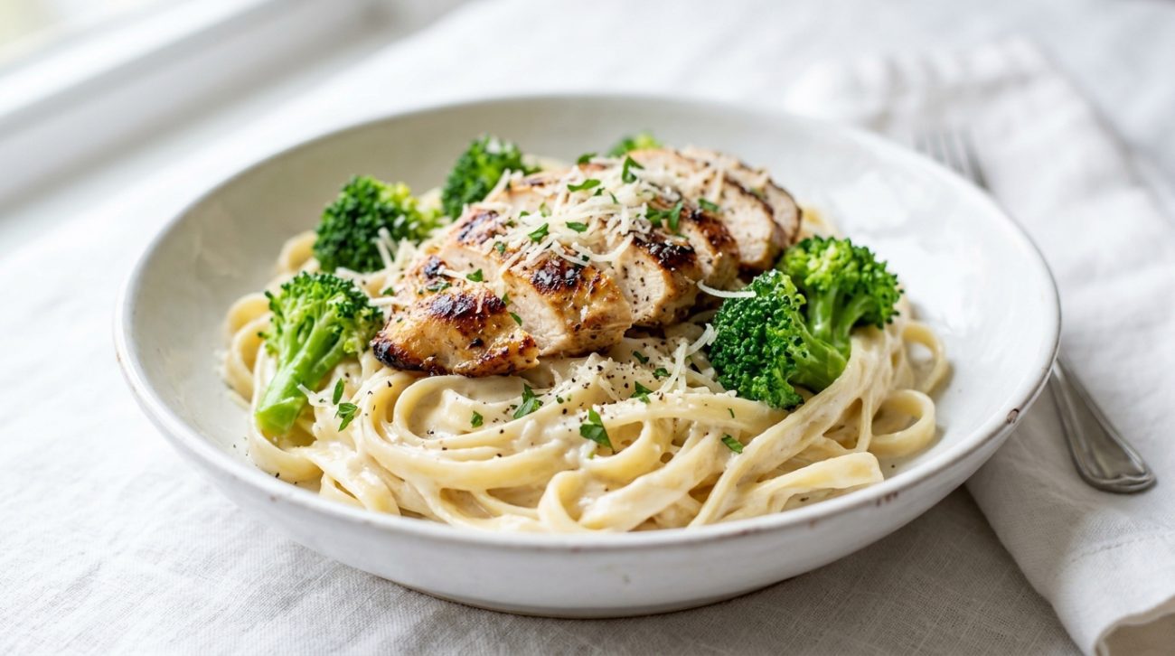 Overhead flat-lay photo of creamy garlic chicken Alfredo with broccoli and fettuccine in a rustic white bowl with rich creamy sauce under warm golden light.