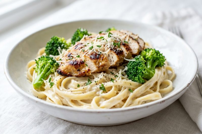 Creamy Garlic Chicken Alfredo with Broccoli Fettuccine | Restaurant Style