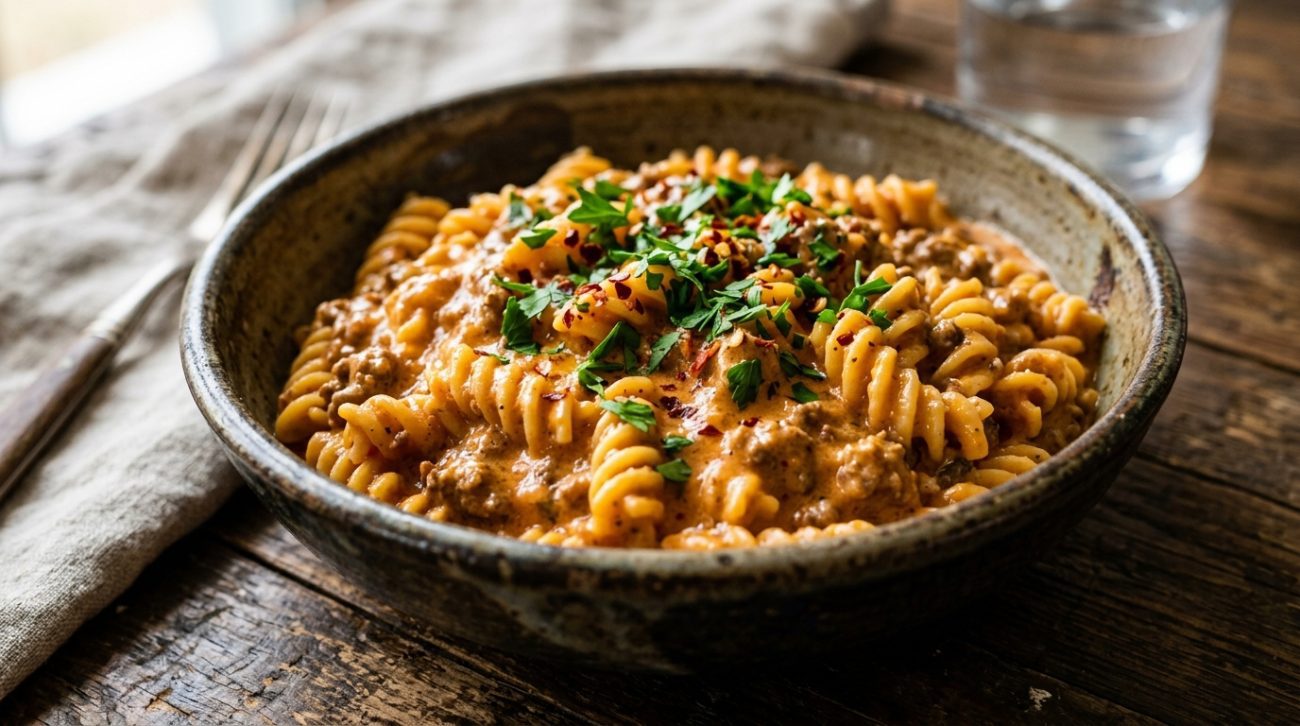 Looking for a high protein creamy beef pasta recipe? This 30-minute meal uses lean ground beef and a high-protein sauce for a healthy, satisfying fitness-friendly dinner.