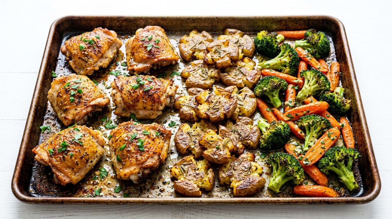 Master the ultimate one-pan roasted chicken with garlic butter veggies and crispy potatoes. A golden, savory, and easy 45-minute family dinner recipe.