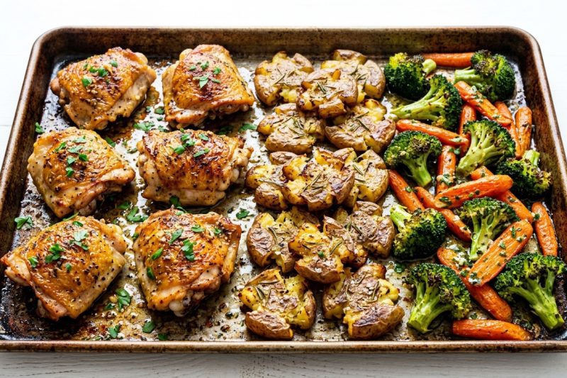 Roasted Chicken with Garlic Butter Veggies & Crispy Potatoes