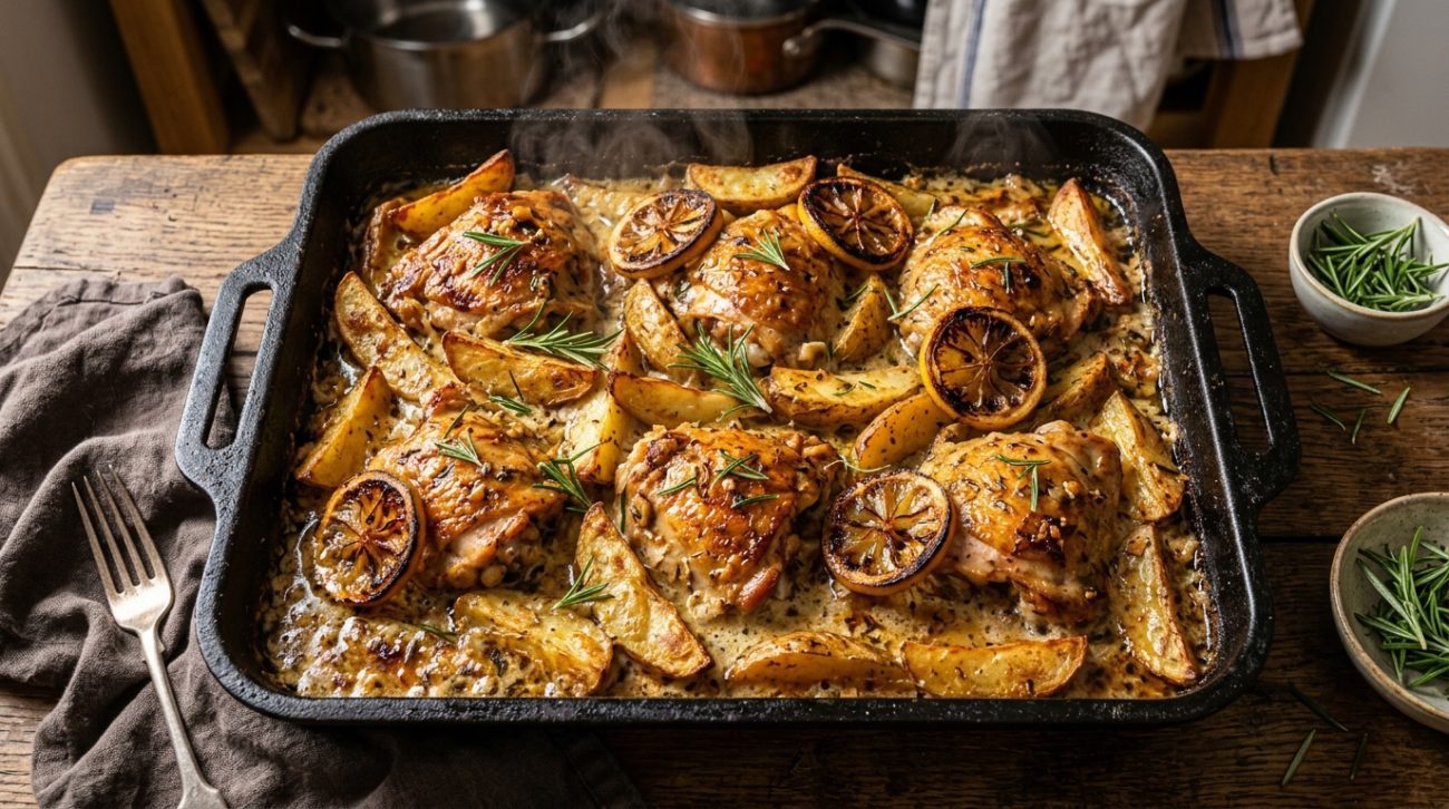 The easiest one-pan dinner. Our creamy garlic chicken traybake with crispy roasted potatoes is a 30-minute healthy meal perfect for busy weeknights.