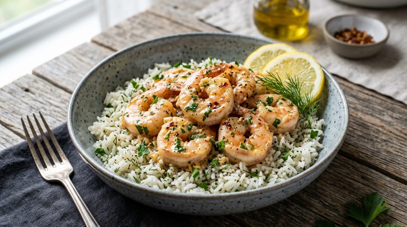 Creamy garlic butter shrimp bowl with herb rice garnished with parsley and lemon
