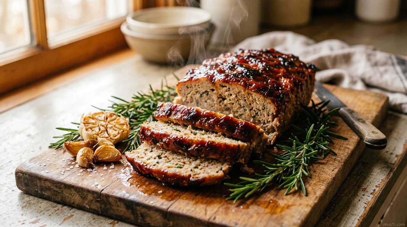 Sliced turkey meatloaf recipe with tangy glaze on a wooden board — lean, juicy comfort food dinner