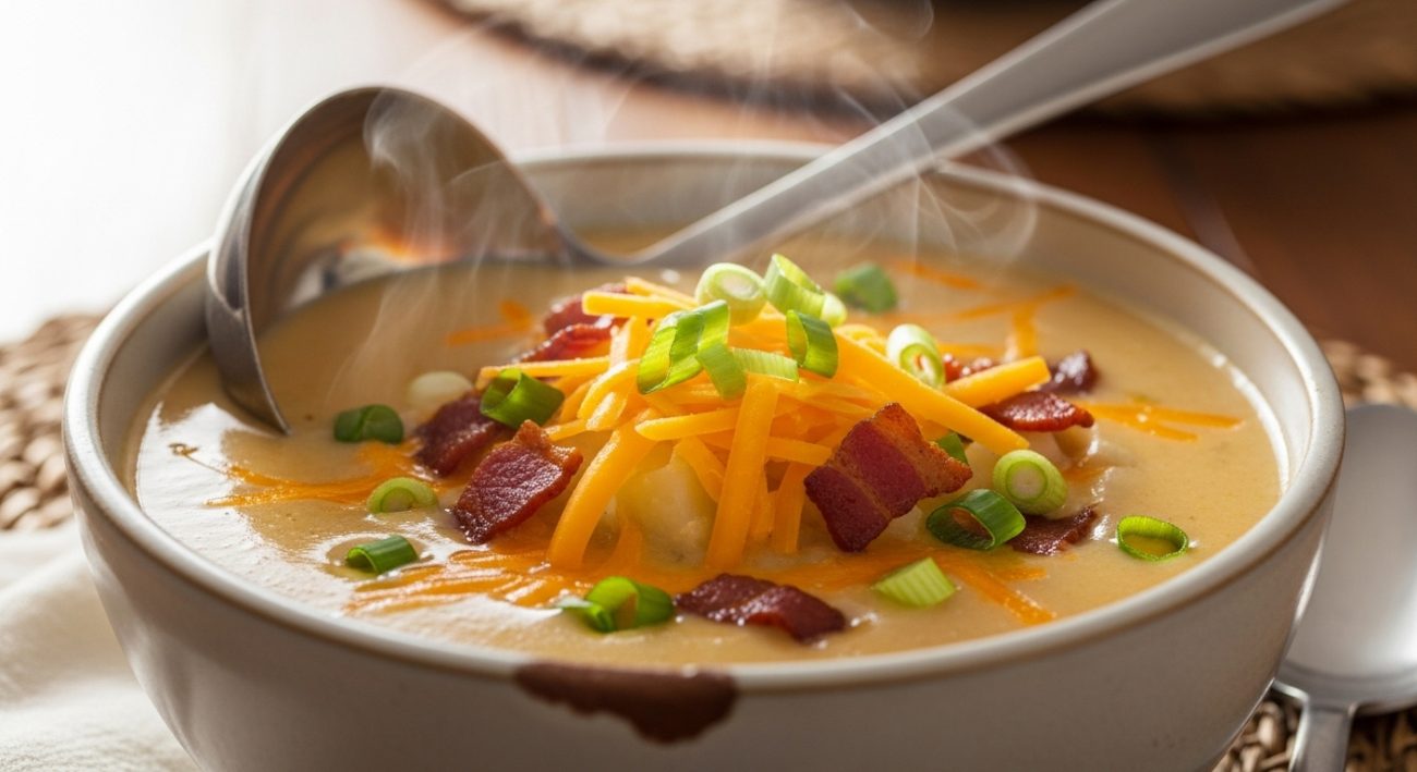 Creamy homemade potato soup in a bowl topped with cheese, bacon, and green onions