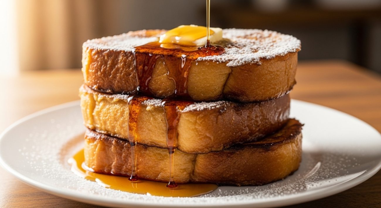 Stack of golden French toast with butter, powdered sugar, and maple syrup