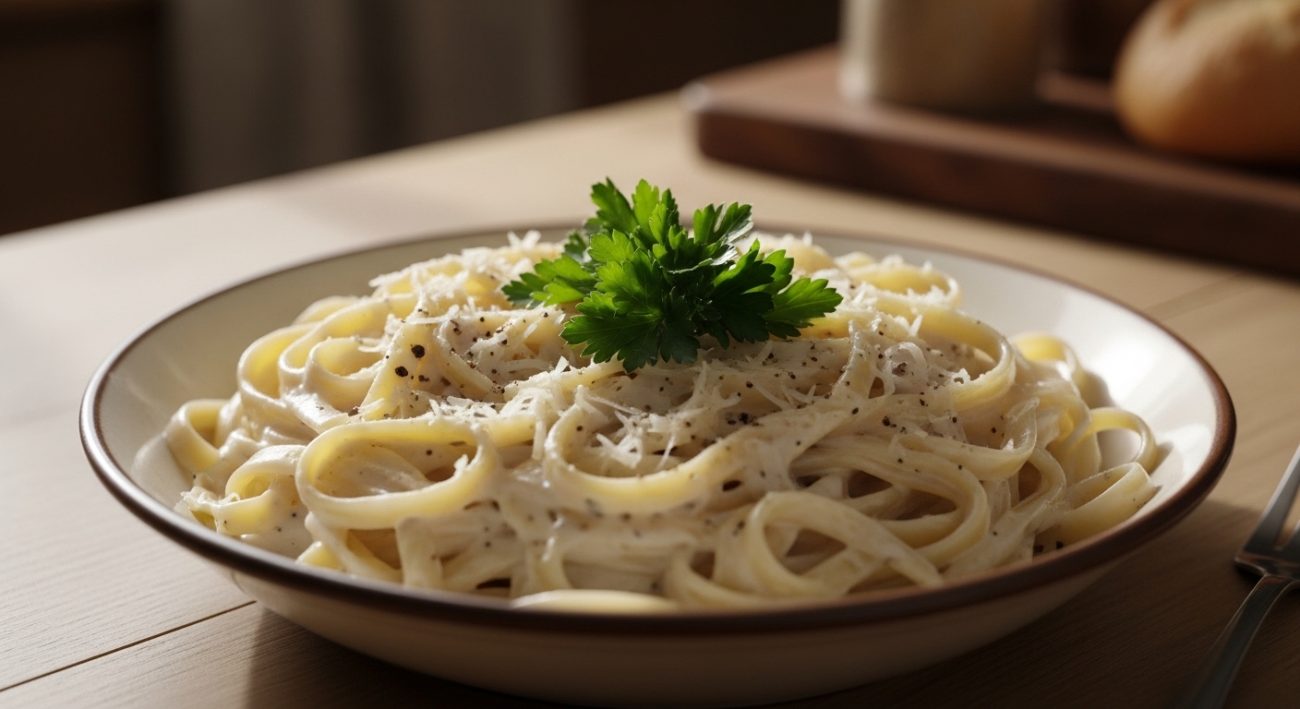 Creamy homemade Alfredo sauce over fettuccine pasta with Parmesan cheese