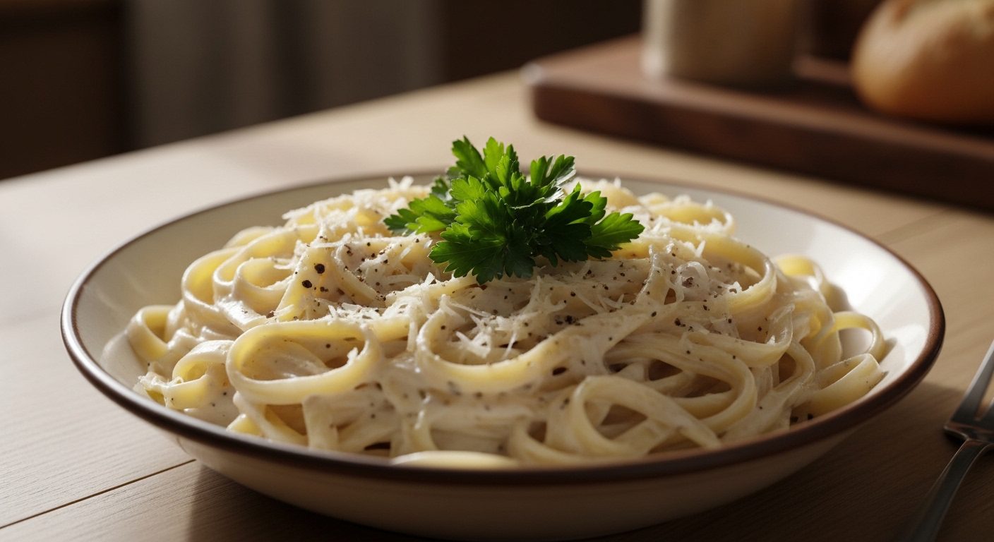 Creamy homemade Alfredo sauce over fettuccine pasta with Parmesan cheese