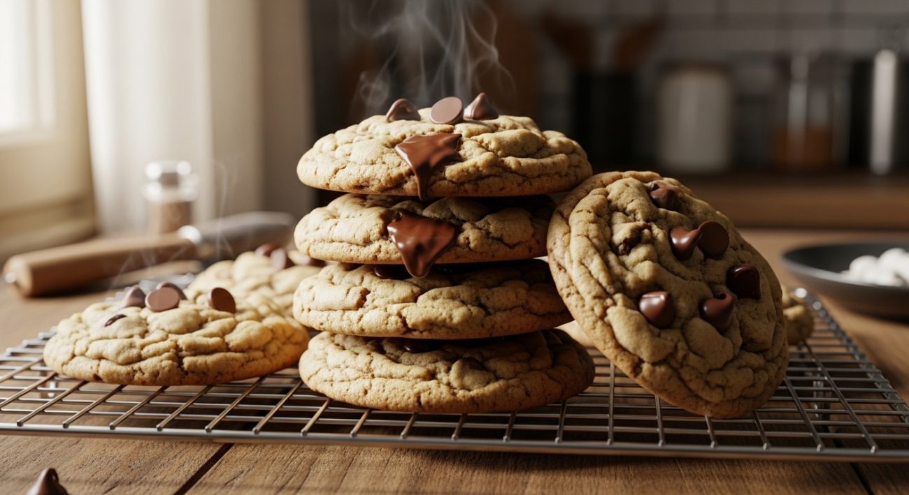 Freshly baked chocolate chip cookies with melted chocolate chip on a cooling rock