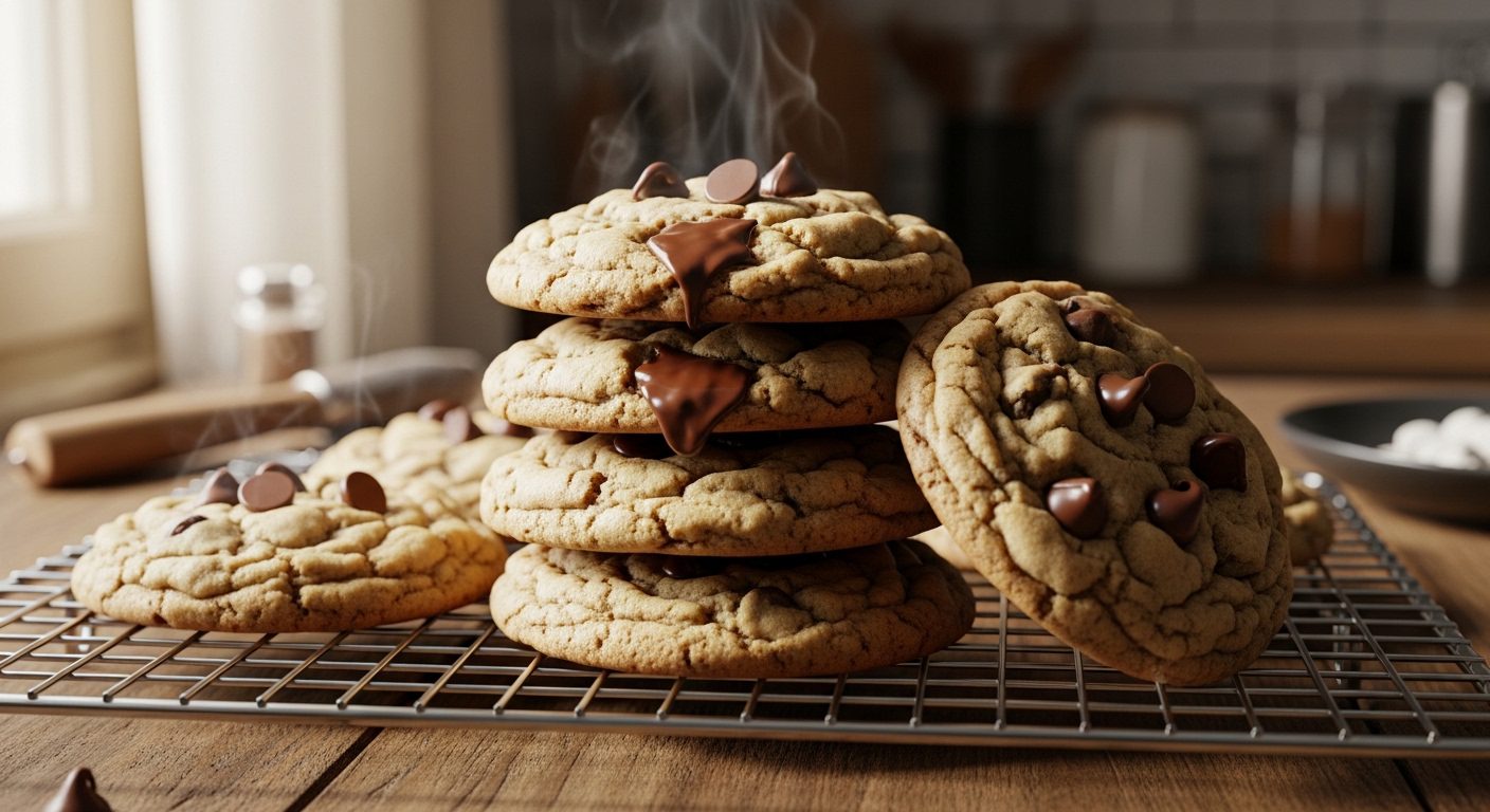 Freshly baked chocolate chip cookies with melted chocolate chip on a cooling rock