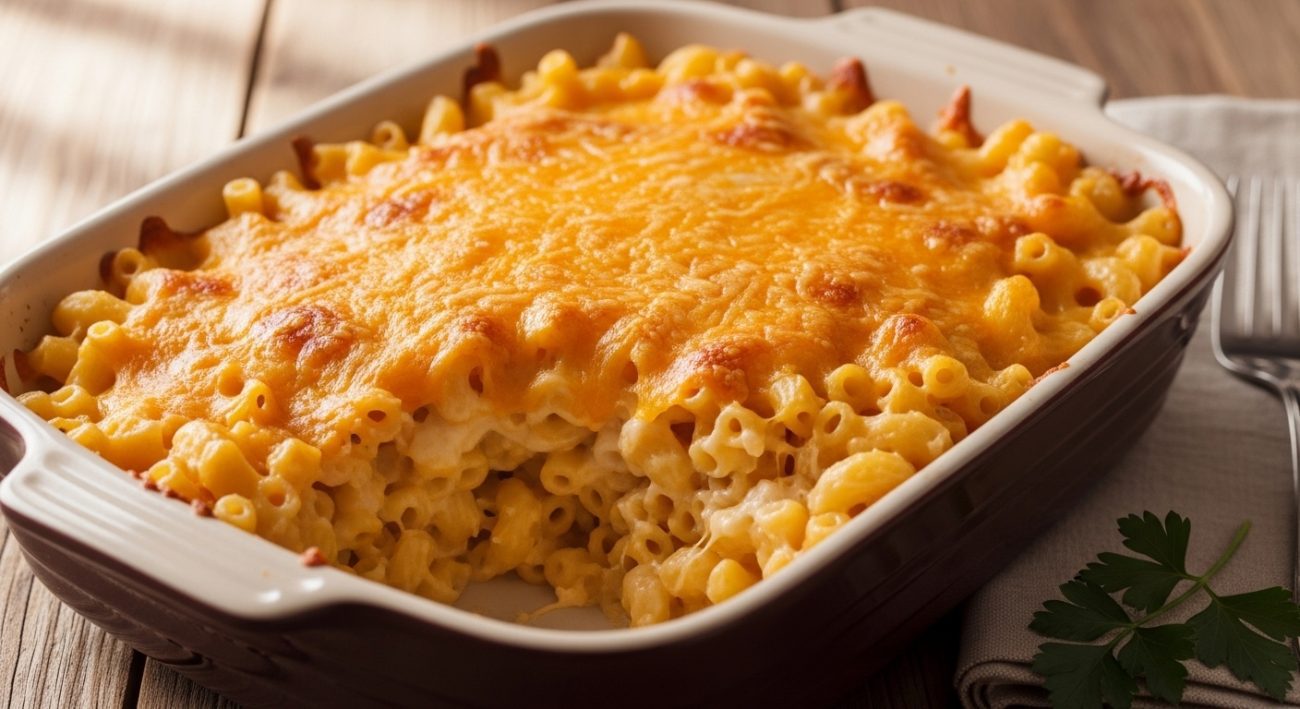 Creamy baked mac and cheese with golden melted cheddar in a baking dish