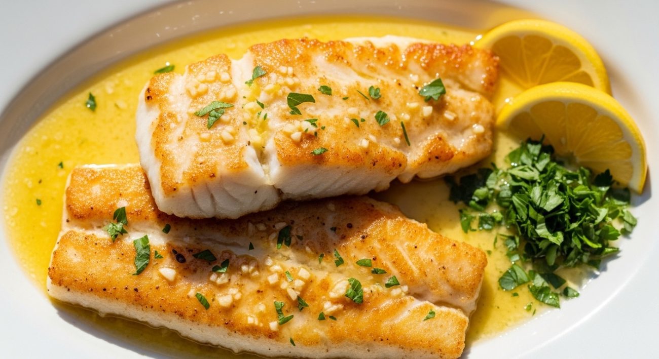 buttered cod fish with lemon garlic butter sauce and parsley