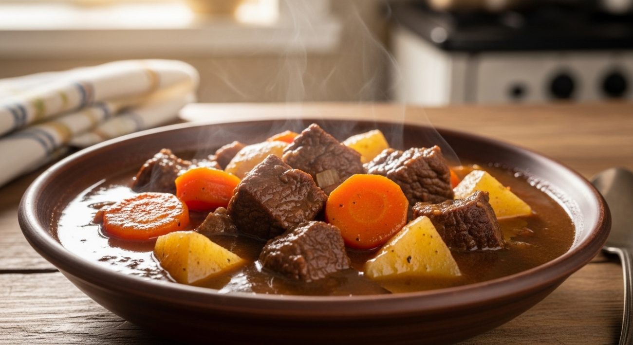 Bowl of homemade beef stew with tender beef, carrots, and potatoes