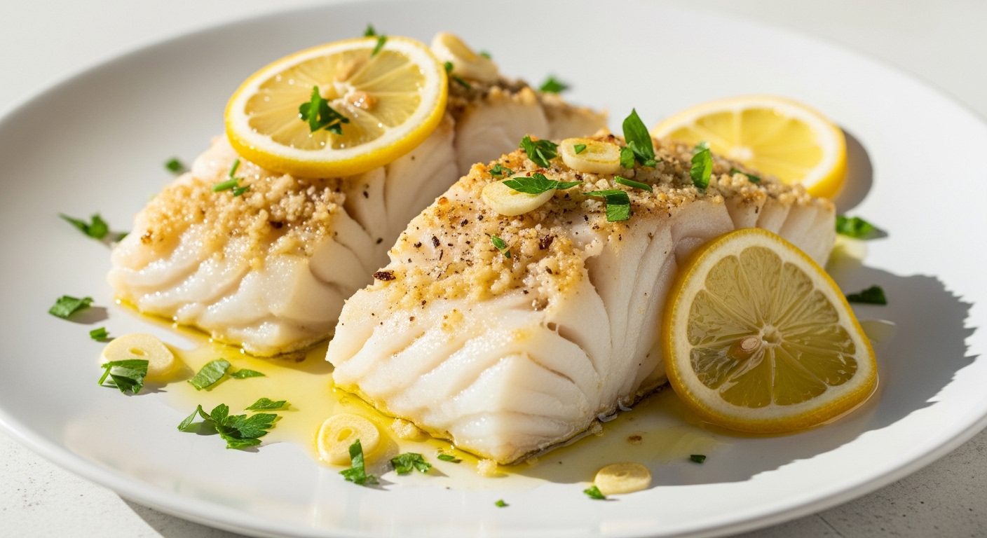 Baked cod fillets with lemon slices, garlic, and herbs on a plate