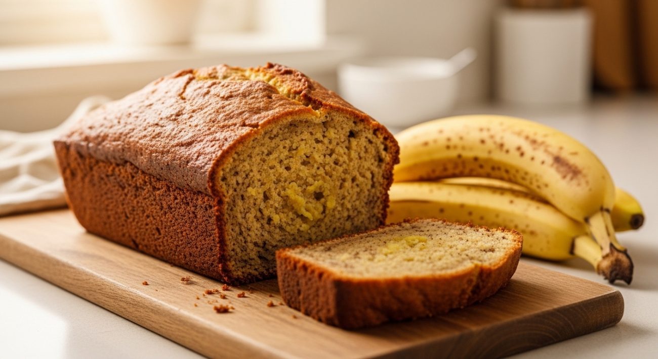 Moist homemade banana bread loaf sliced on a wooden board