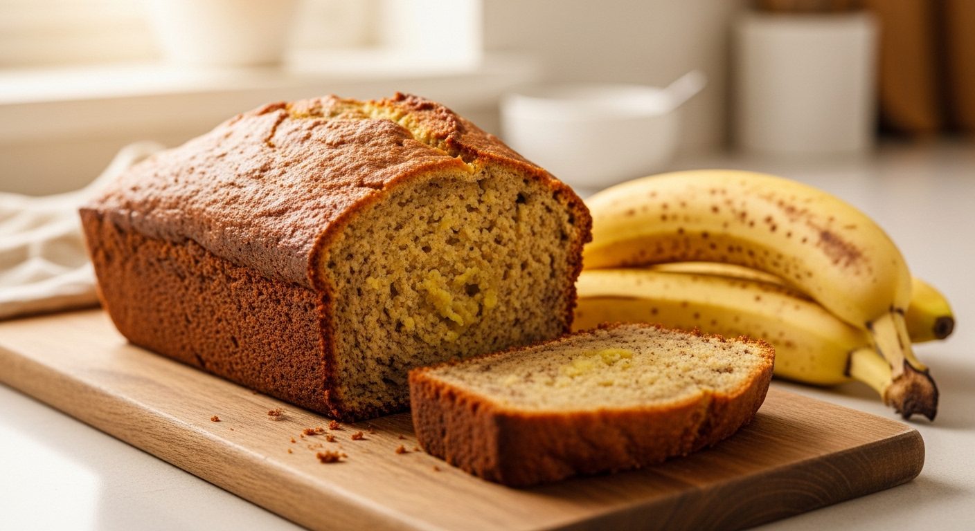 Moist homemade banana bread loaf sliced on a wooden board