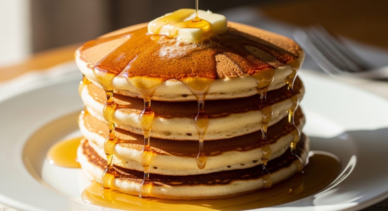 A stack of fluffy homemade pancakes on a white plate, butter melting on top, maple syrup drizzling down the sides, warm natural morning light, cozy breakfast scene, realistic food photography, high detail