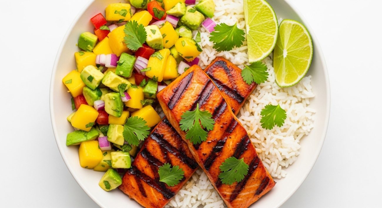 BBQ Salmon Bowls with Mango Avocado Salsa (Fresh & Healthy Dinner Recipe)