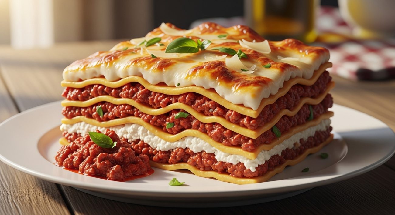 Slice of homemade lasagna with melted cheese and rich meat sauce on a plate
