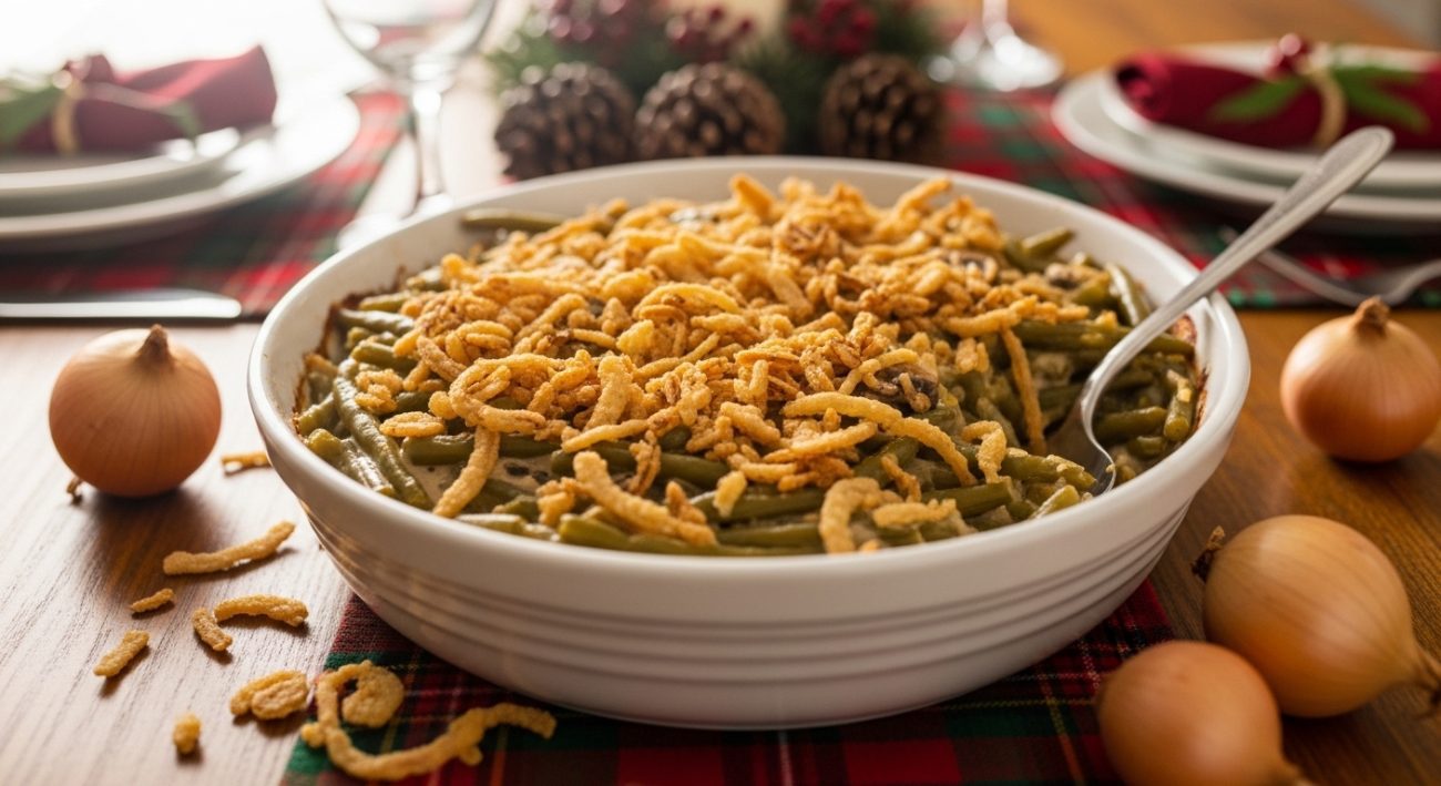 Homemade green bean casserole topped with crispy fried onions in a baking dish