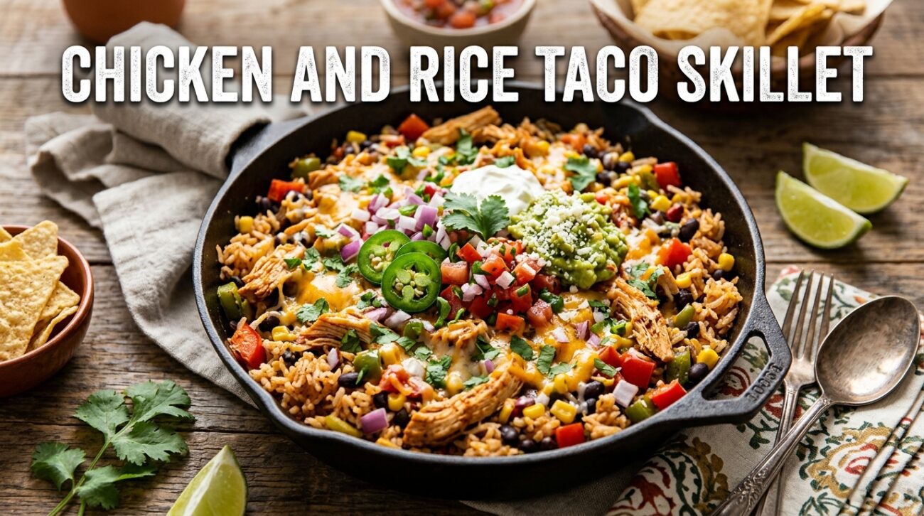 A beautifully plated chicken and rice taco skillet with vibrant colors, large text overlay 'Chicken and Rice Taco Skillet', professional photography