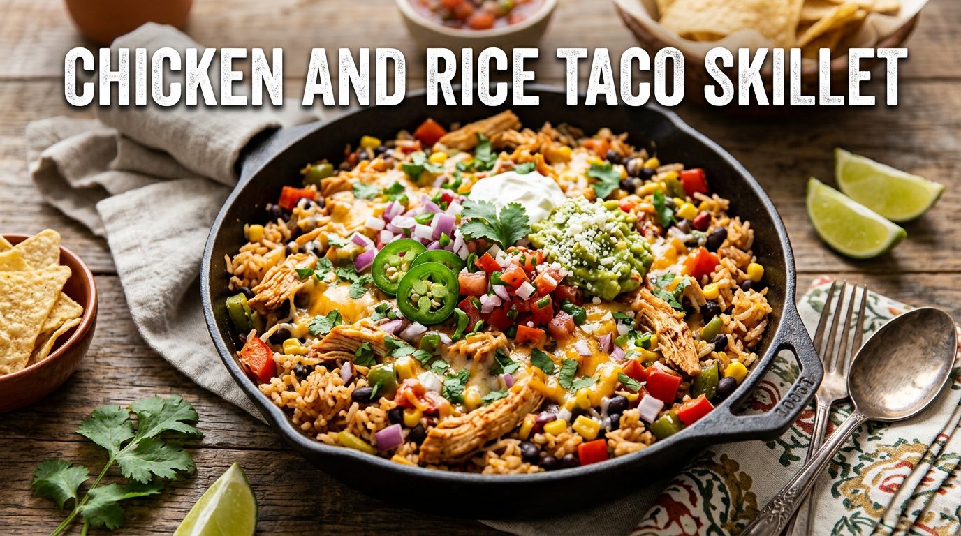 A beautifully plated chicken and rice taco skillet with vibrant colors, large text overlay 'Chicken and Rice Taco Skillet', professional photography