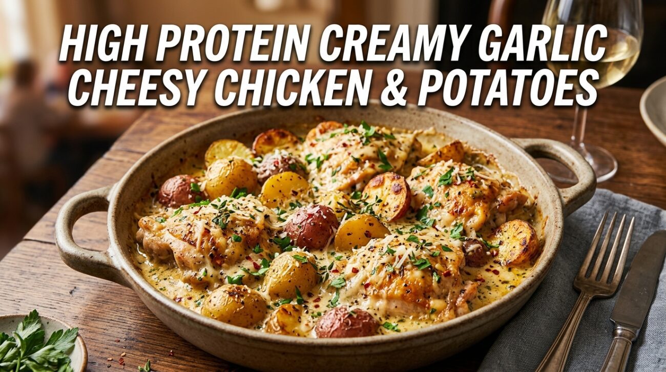 Discover the ultimate high protein creamy garlic cheesy chicken potatoes one pan comfort food recipe that everyone will love!