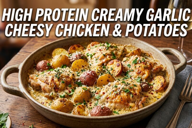 High Protein Creamy Garlic Cheesy Chicken & Potatoes