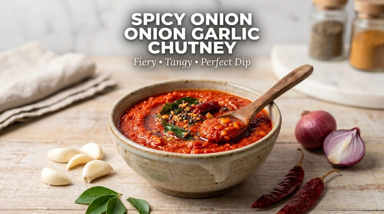 Elevate your meals with this fiery, tangy Onion Garlic Chutney. A versatile and easy Indian dip that pairs perfectly with dosa, idli, parathas, and sandwiches