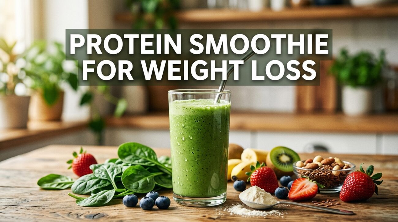 A vibrant protein smoothie in a glass, surrounded by fresh fruits and greens, with a large text overlay 'Protein Smoothie for Weight Loss', professional photography
