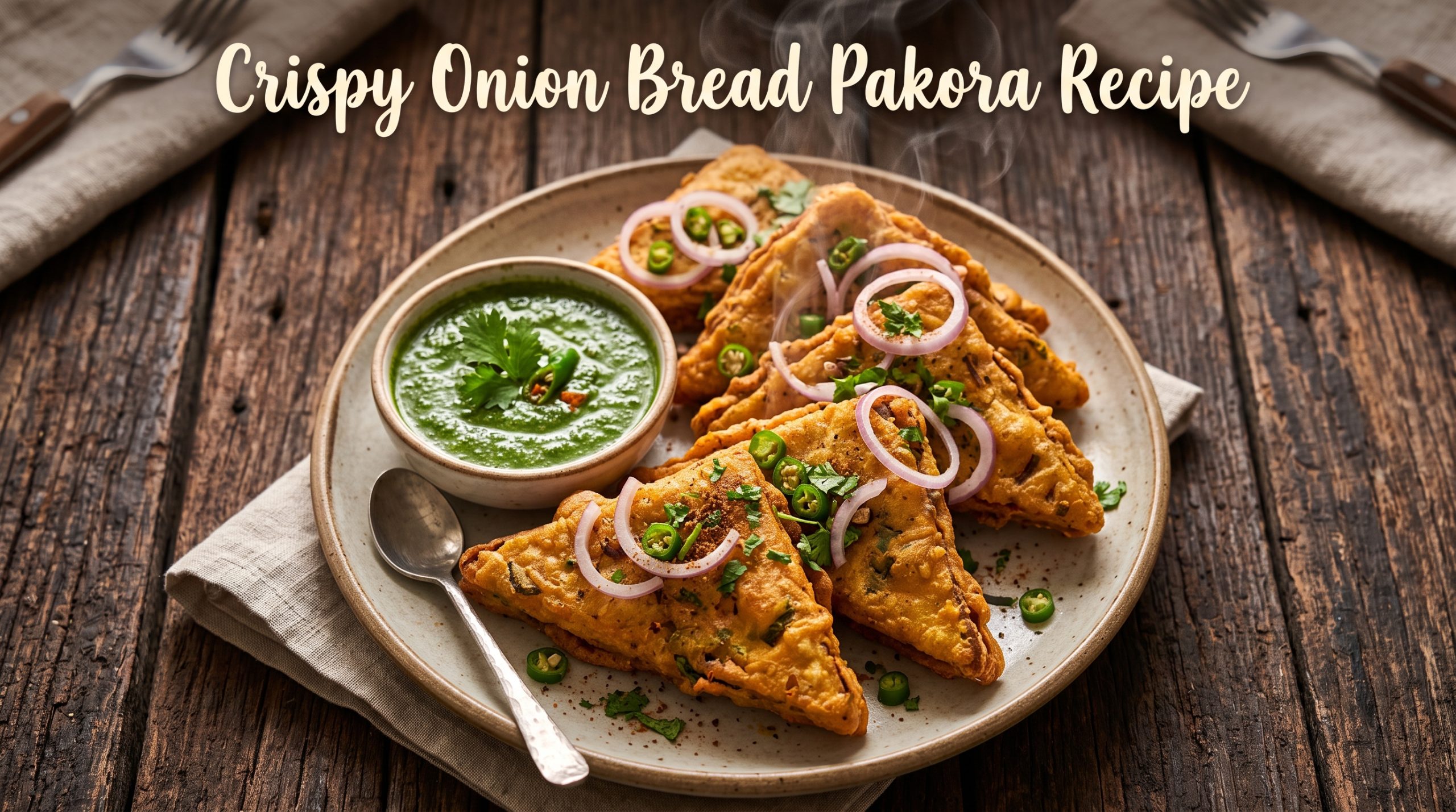 Crispy onion bread pakora made with spiced gram flour batter and crunchy fried bread. An easy Indian tea-time snack ready in 25 minutes.