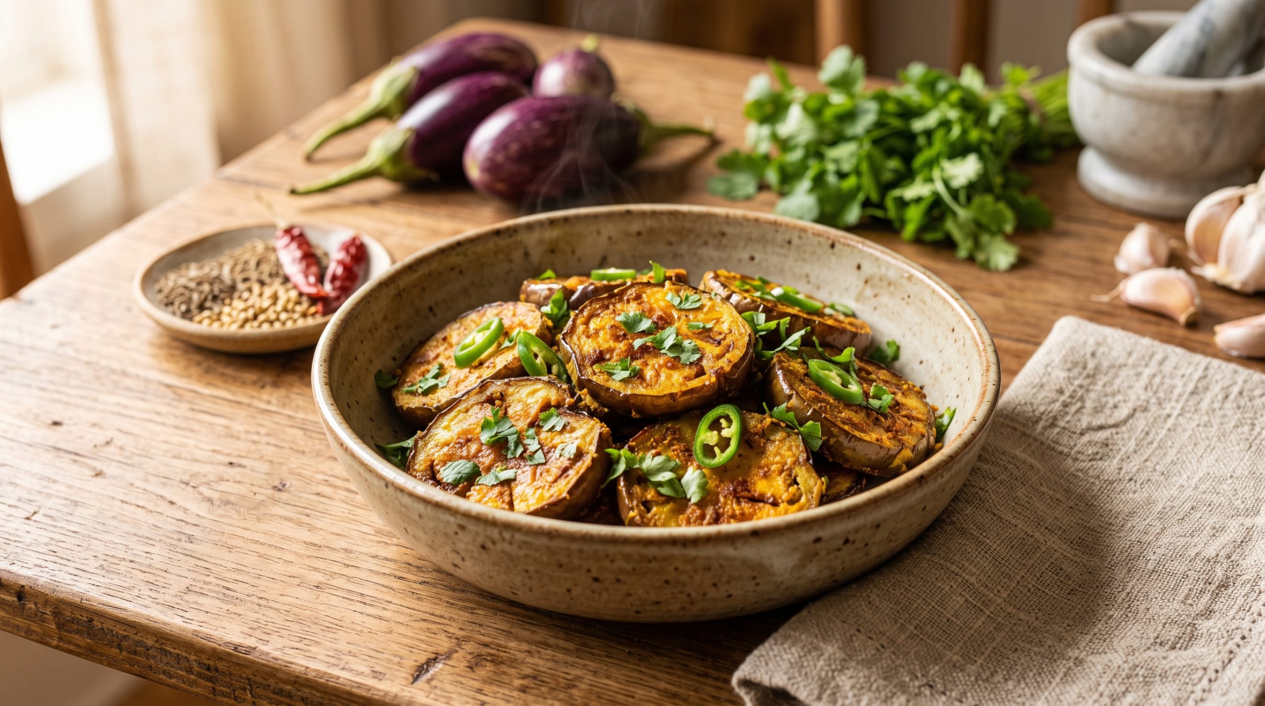 Brinjal fry served in a bowl