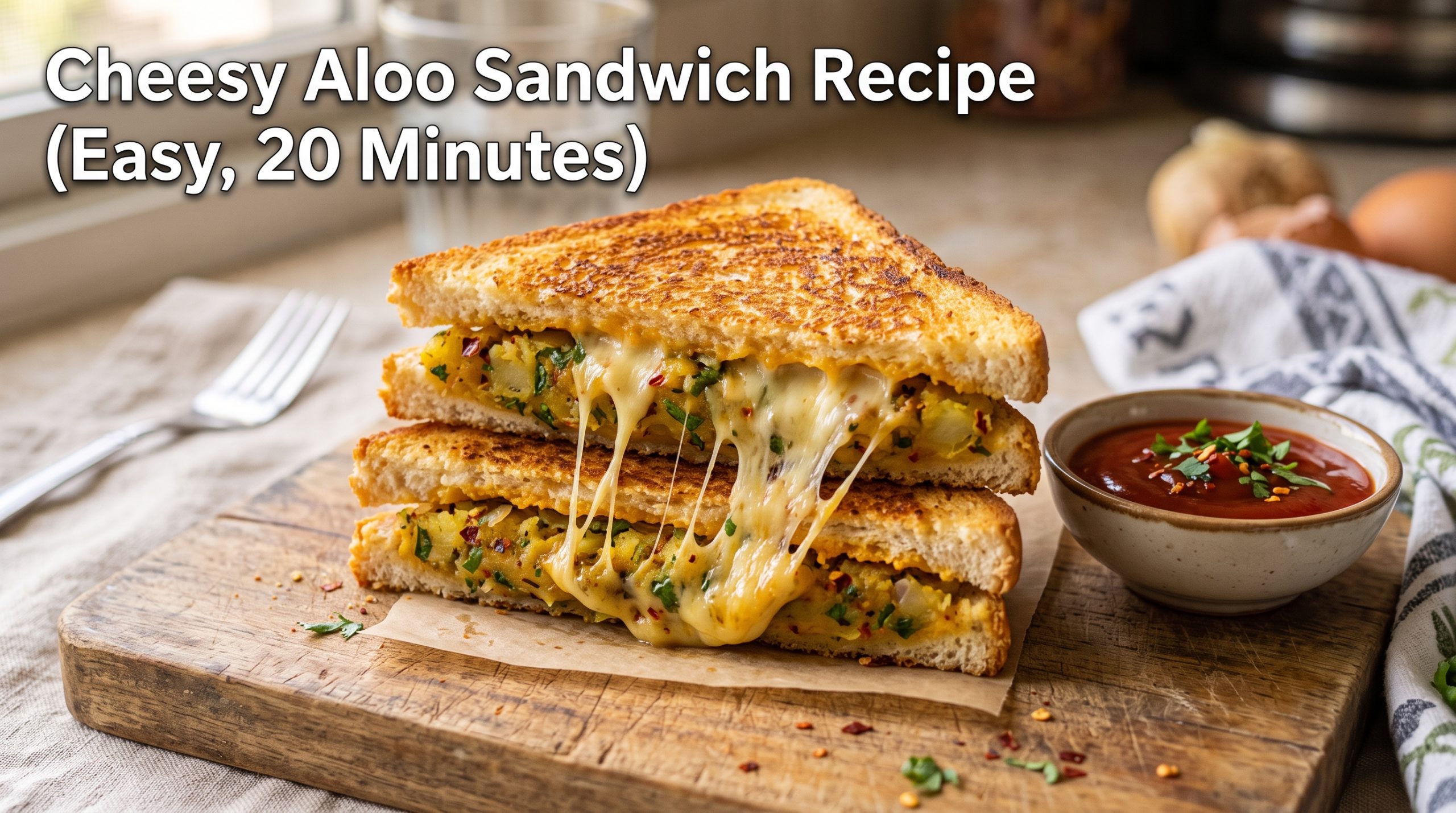 Cheesy aloo sandwich with spiced mashed potato filling and melty cheese, grilled until golden. A quick, comforting Indian-style sandwich ready in 20 minutes.