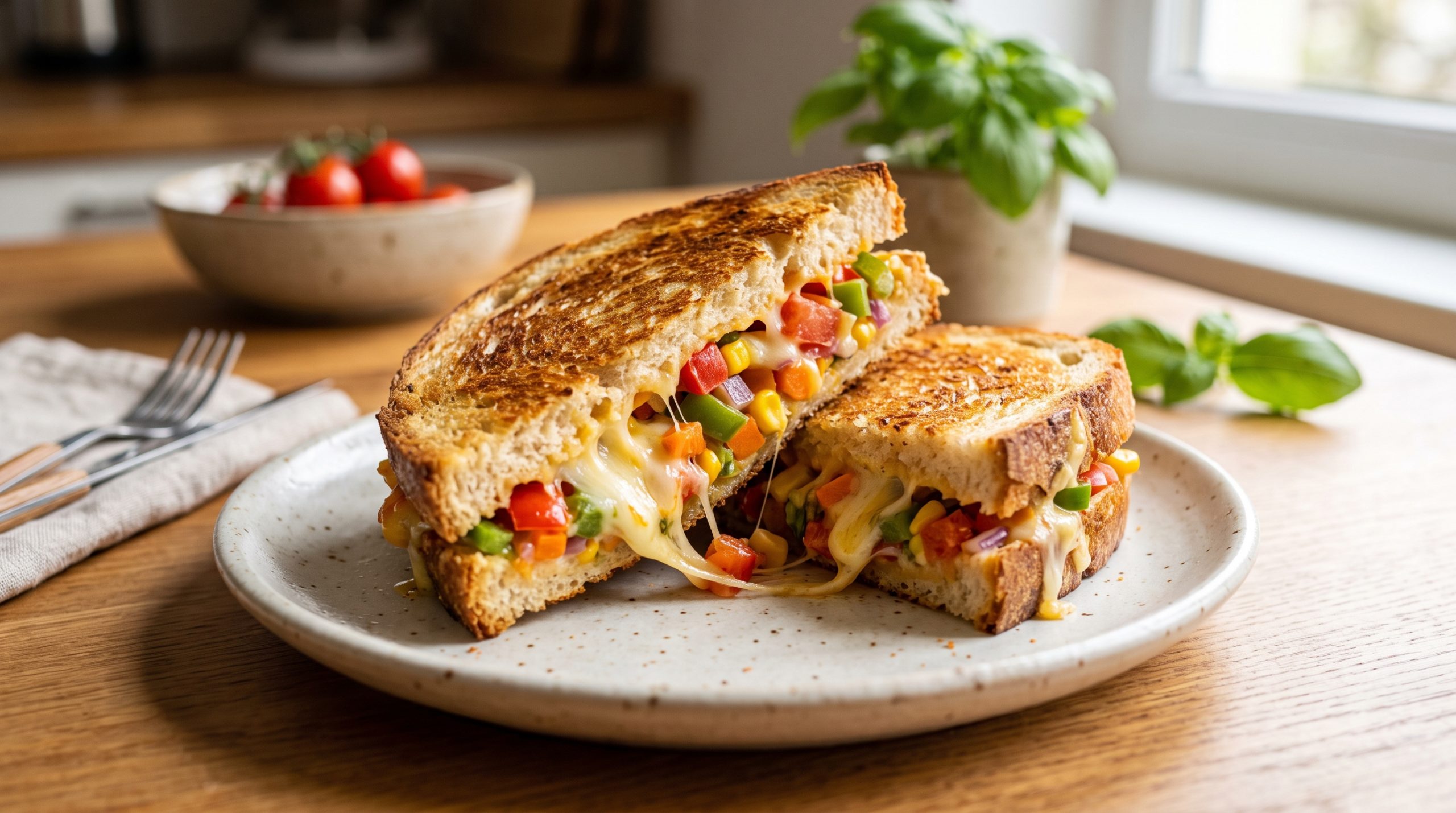 Make this easy cheesy veg sandwich with fresh vegetables, melted cheese and crispy golden bread. A quick, delicious vegetarian sandwich for breakfast or a snack.
